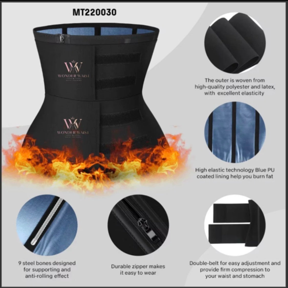 Wonder Waist Sweat Waist Belt – 3-Row Hook & Zipper Sauna